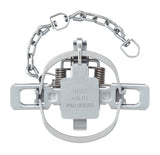 A Duke Pro Series 450 FJ coil spring trap with heavy cast steel jaws and a chain attached to a swivel D-Ring.