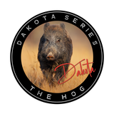 A circular product image featuring an image of a wild boar with the text 'Dakota Series' and 'THE HOG' with a floating deer stop and adjustable loop end.