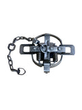 Bottom view of Duke 450 FJ trap showing springs, baseplate and chain used for securing during fox and coyote trapping.