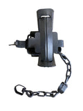 Top view of closed Duke 450 FJ trap with chain, used for fox and coyote control.