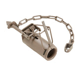 A Duke Dog Proof Raccoon Trap with a metal trigger mechanism and chain.