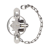 A Duke brand coil spring trap with a double jaw mechanism and a chain.