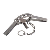 A Duke #15 OS cast-steel bear trap with heavy cast steel jaws, a chain, and a trigger mechanism.