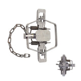 A Duke #4 Square Jaw Coil Spring Trap, primarily metal construction with a silver finish, including a chain mechanism.