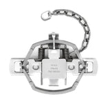 A Duke Pro Series 550 trap with heavy cast steel jaws, coil springs, and a chain attached to a swivel D-Ring.